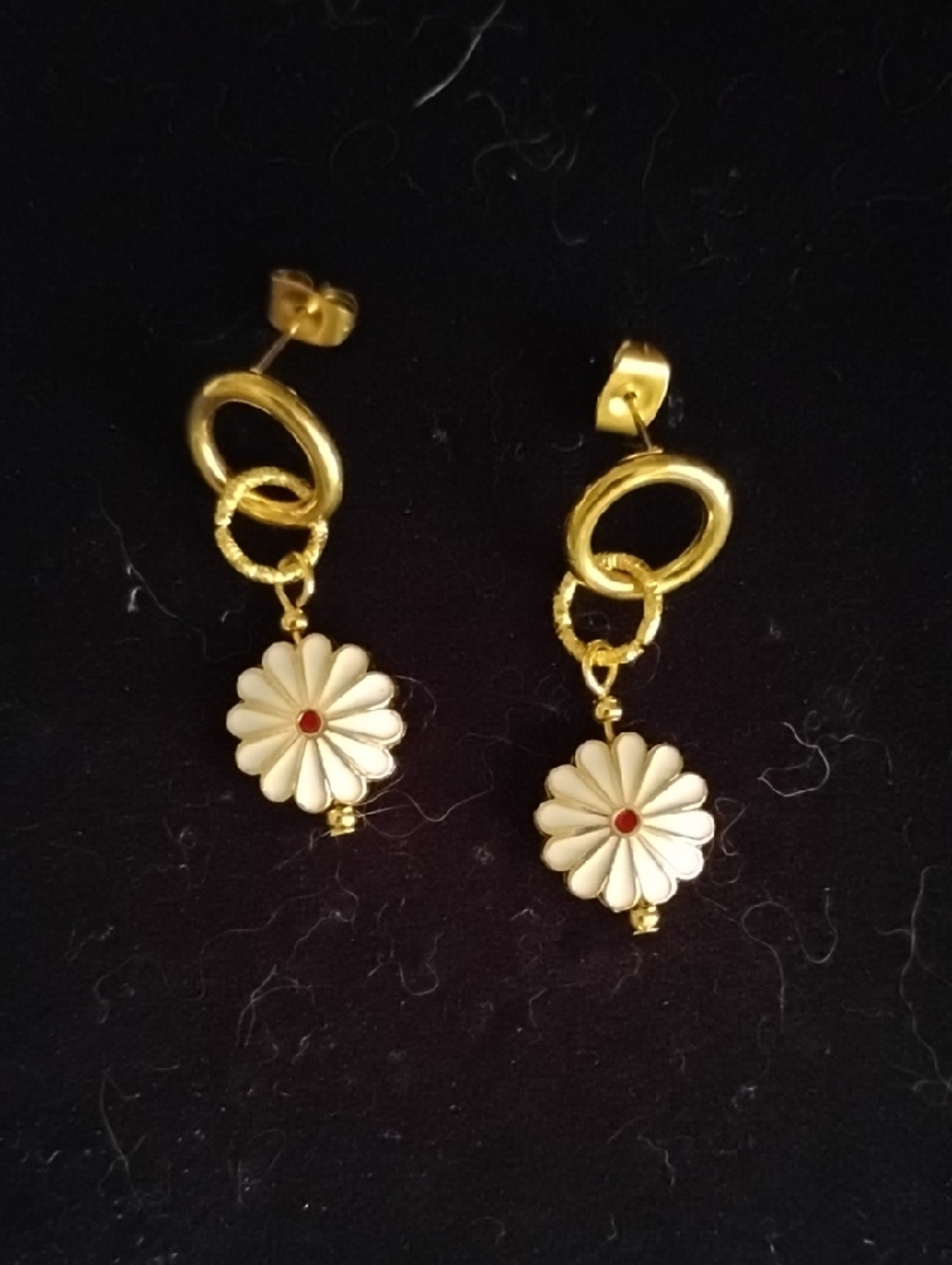 Hand Crafted Gold and White Daisy Drop Earrings with Red Center